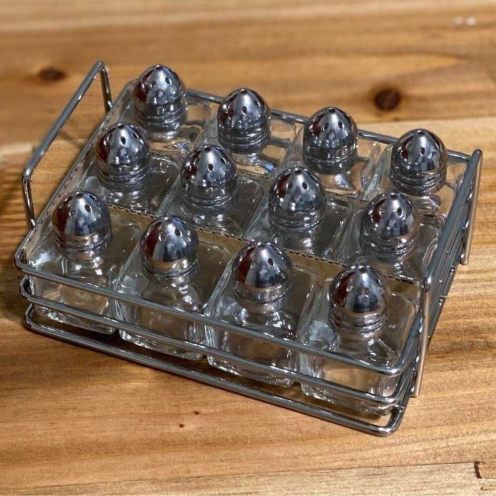 Individual Salt and Pepper Shakers Chrome Holder Mini Salt and Pepper Shakers